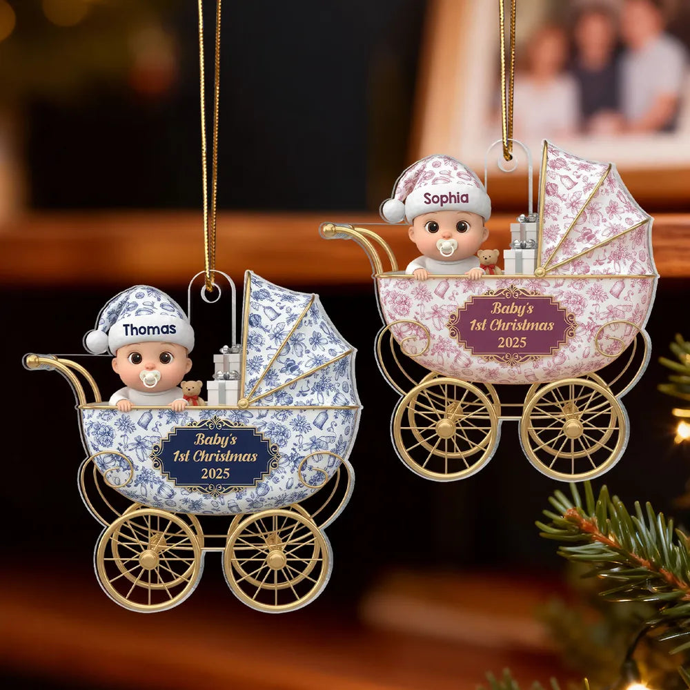 3D Effect Toile De Jouy Pattern Baby Inside Stroller - Personalized Acrylic Ornament - Baby First Christmas Keepsake