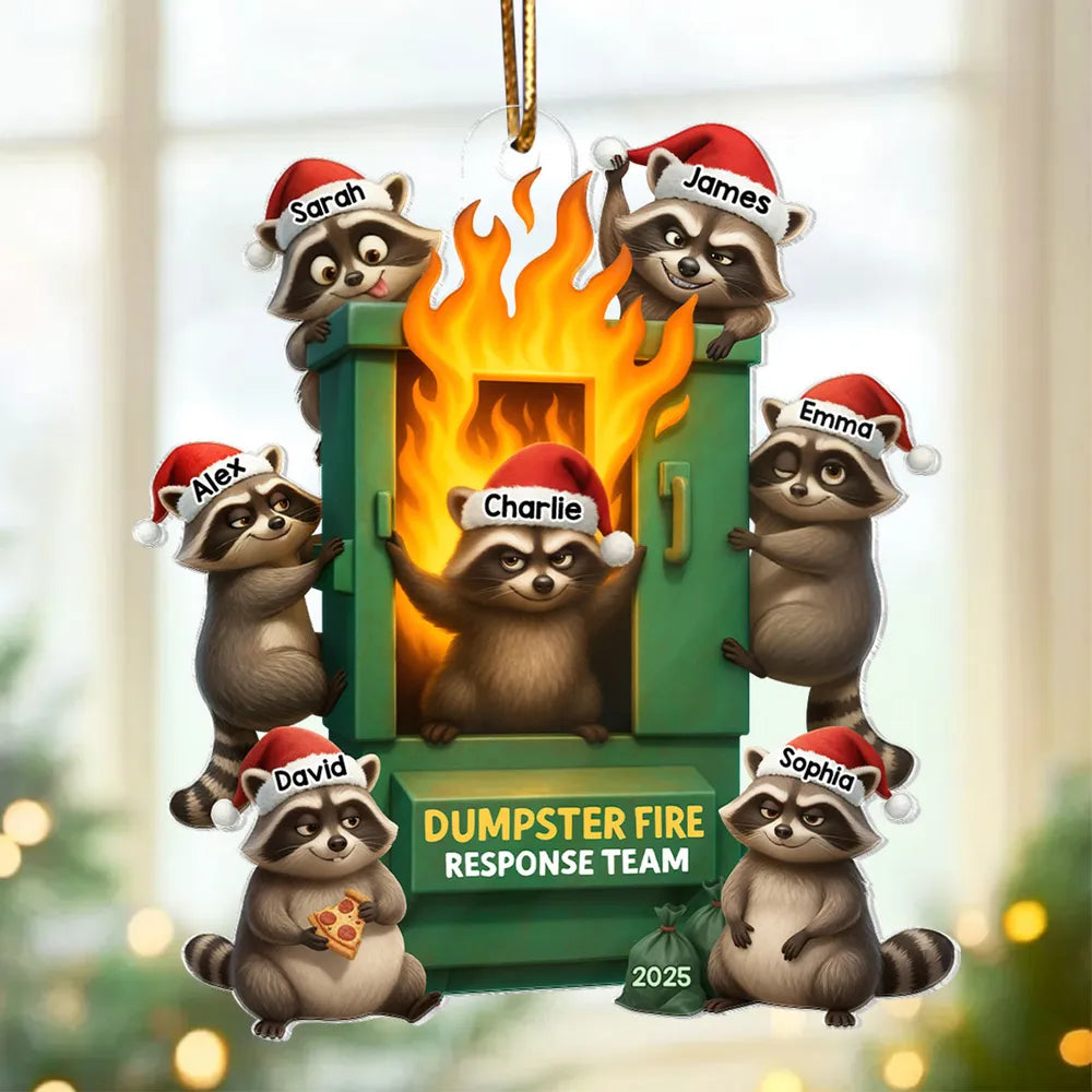 Cunning Raccoon Office Chaos Dumpster Fire Response Team - Personalized Acrylic Ornament - Funny Holiday Gift for Coworkers