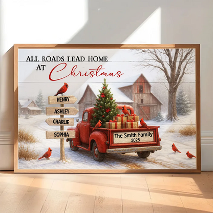 All Roads Lead Home at Christmas Rustic Farmhouse - Personalized Poster - Family Christmas Sign with Names, Christmas Home Decor