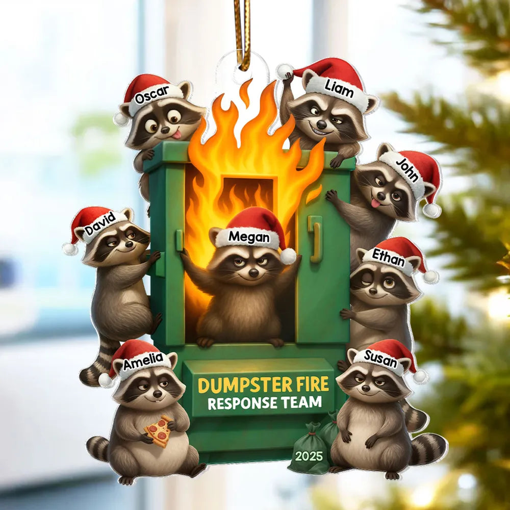 Cunning Raccoon Office Chaos Dumpster Fire Response Team - Personalized Acrylic Ornament - Funny Holiday Gift for Coworkers