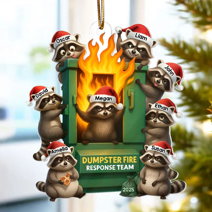 Cunning Raccoon Office Chaos Dumpster Fire Response Team - Personalized Acrylic Ornament - Funny Holiday Gift for Coworkers
