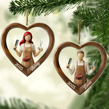 3D Effect Wooden Hairdresser - Personalized Acrylic Ornament - Unique Christmas Gift For Hairdressers