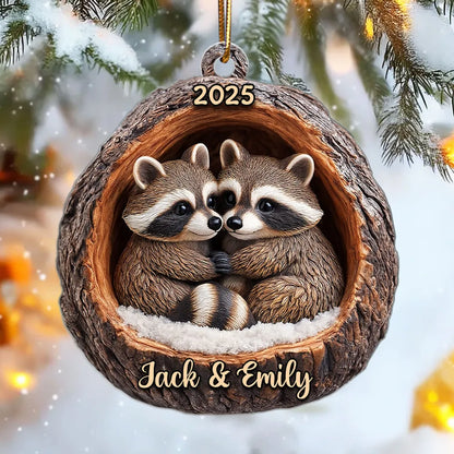 Funny Raccoon Couple 3D Wooden Effect - Personalized Acrylic Ornament - Christmas Gift for her, Gift for him