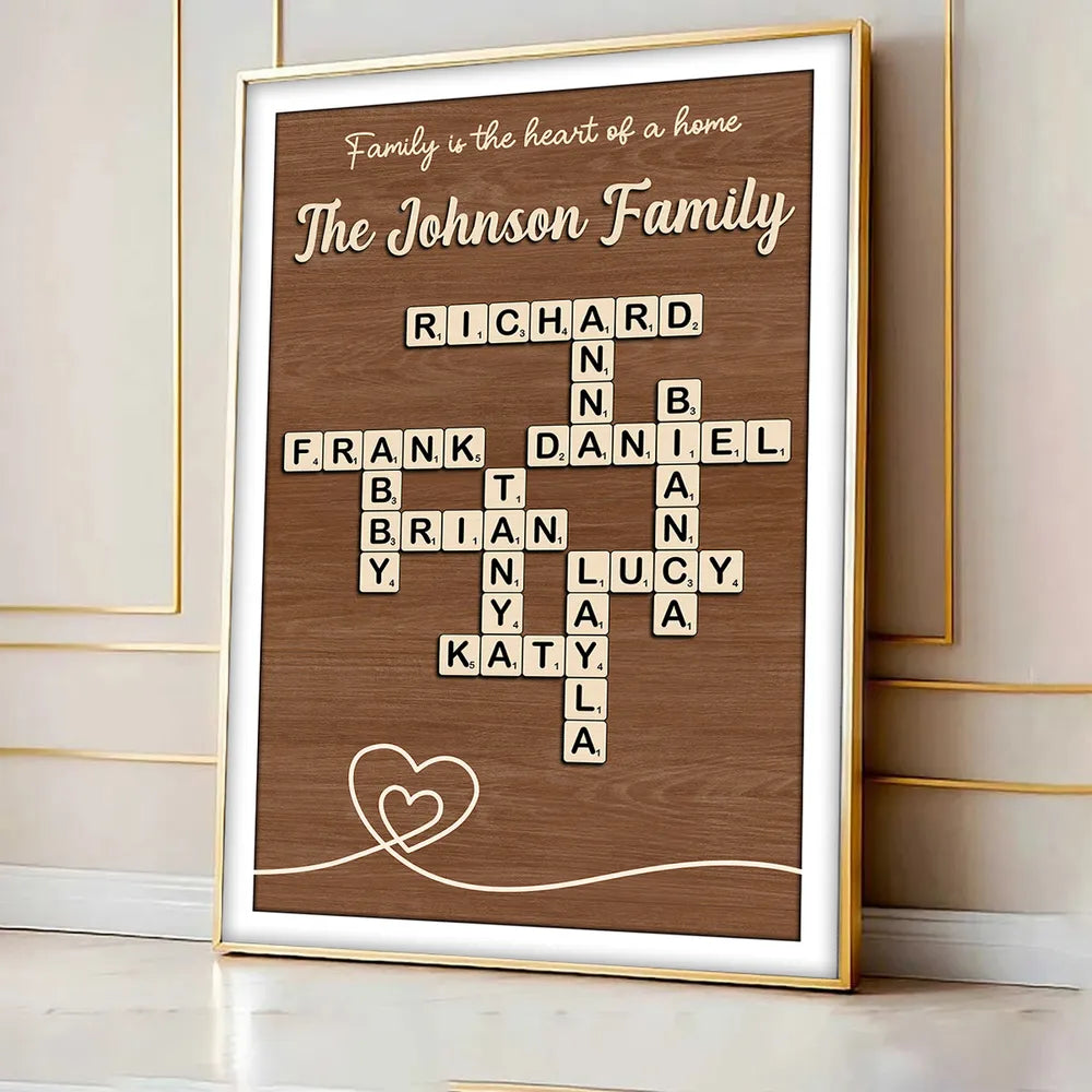 Family is the Heart of the Home Crossword Art - Personalized Poster - Unique Gift for Parents Grandparents