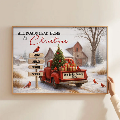 All Roads Lead Home at Christmas Rustic Farmhouse - Personalized Poster - Family Christmas Sign with Names, Christmas Home Decor