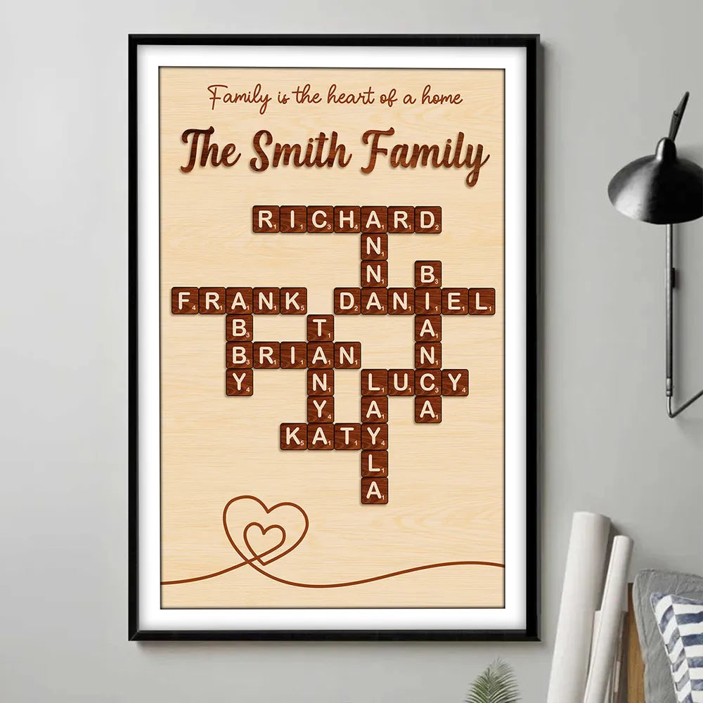 Family is the Heart of the Home Crossword Art - Personalized Poster - Unique Gift for Parents Grandparents