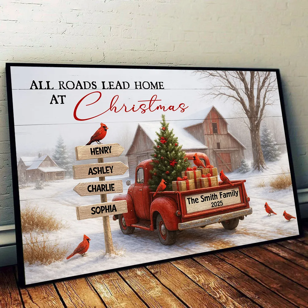 All Roads Lead Home at Christmas Rustic Farmhouse - Personalized Poster - Family Christmas Sign with Names, Christmas Home Decor