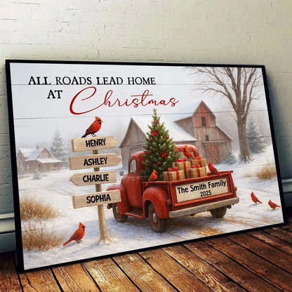 All Roads Lead Home at Christmas Rustic Farmhouse - Personalized Poster - Family Christmas Sign with Names, Christmas Home Decor