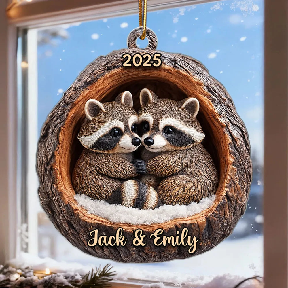 Funny Raccoon Couple 3D Wooden Effect - Personalized Acrylic Ornament - Christmas Gift for her, Gift for him