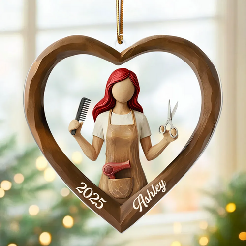 3D Effect Wooden Hairdresser - Personalized Acrylic Ornament - Unique Christmas Gift For Hairdressers