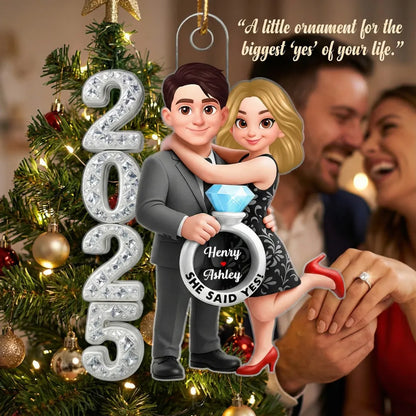 3D Crystal Effect Marriage Proposal Couple - Personalized Acrylic Ornament - Newly Engaged Gift, "She Said Yes!" Ornament