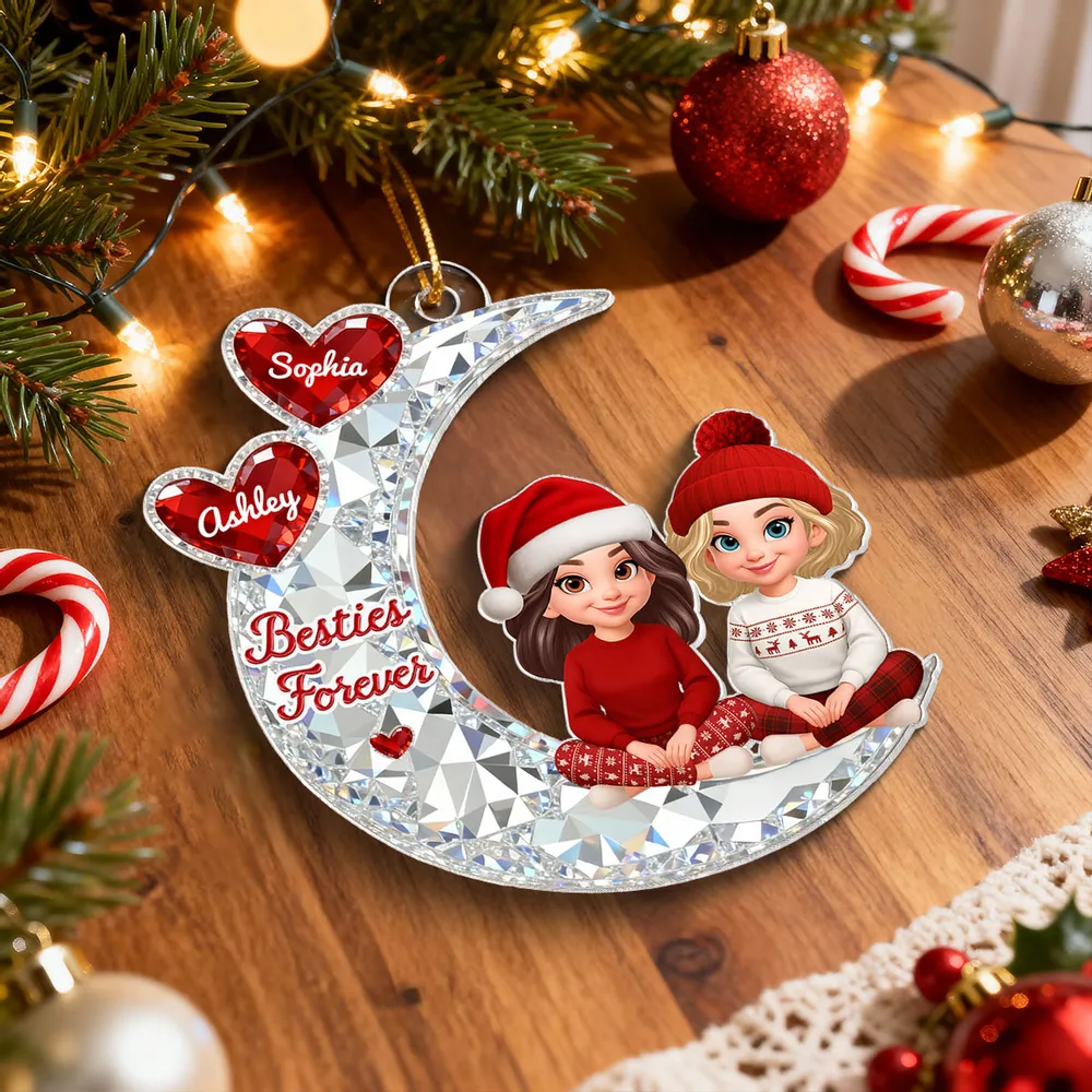 3D Crystal Effect Besties Sitting On Moon - Personalized Acrylic Ornament - Gift For Best Friends, Matching Ornaments For Group Of Besties