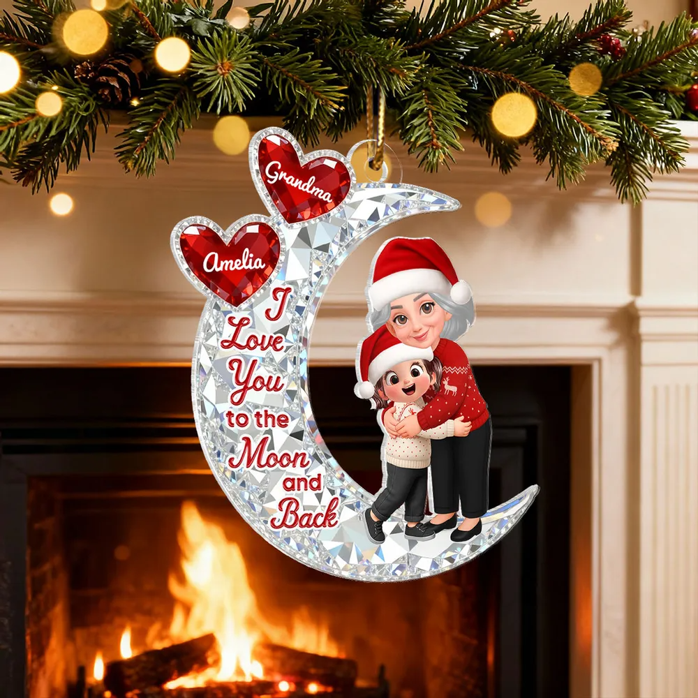 3D Crystal Effect Grandma Hugging Grandkid On Moon - Personalized Acrylic Ornament - Gift For Grandma, Grandkids