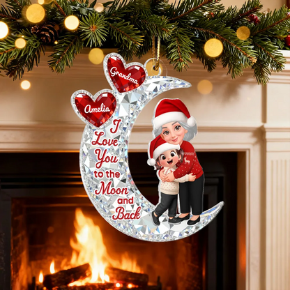 3D Crystal Effect Grandma Hugging Grandkid On Moon - Personalized Acrylic Ornament - Gift For Grandma, Grandkids