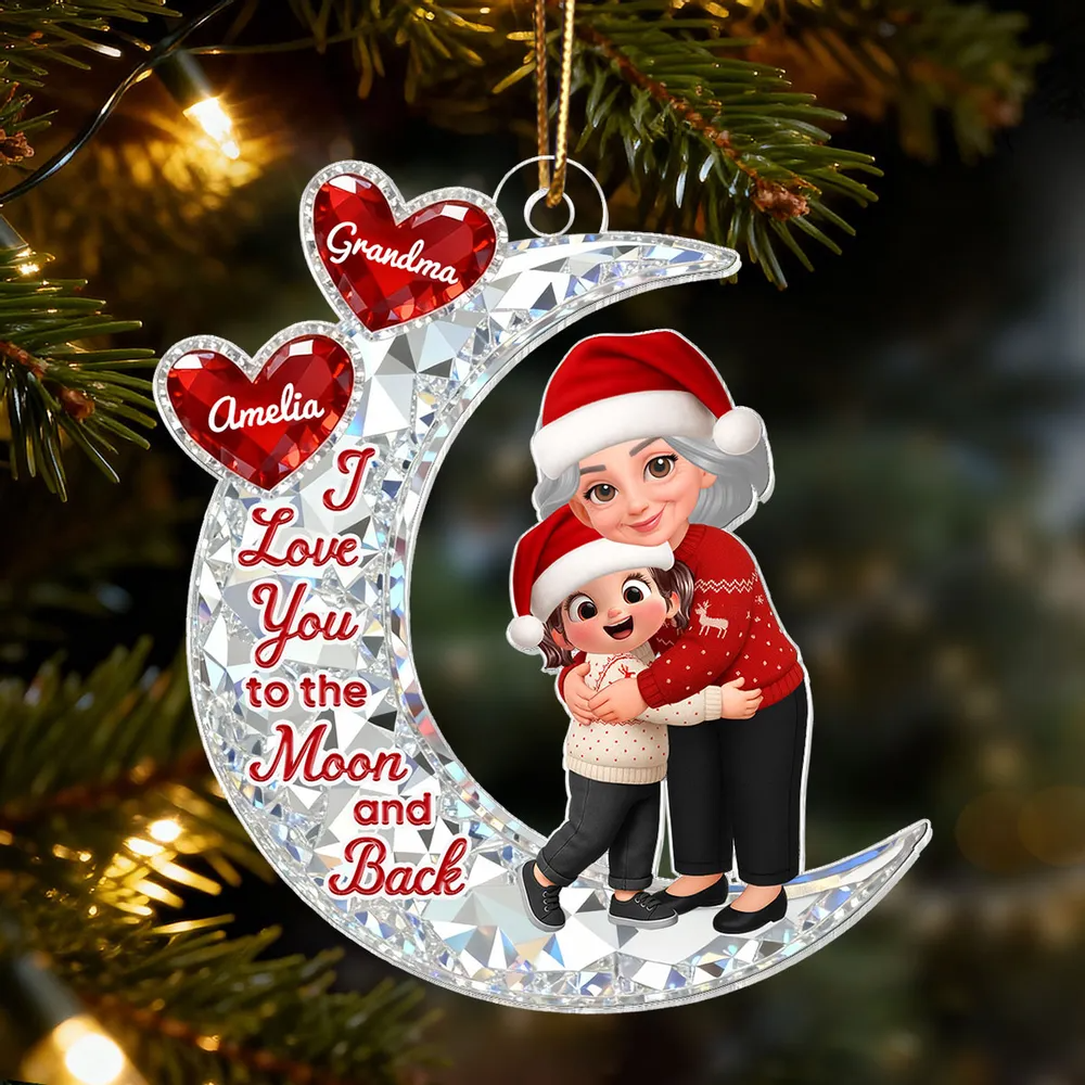 3D Crystal Effect Grandma Hugging Grandkid On Moon - Personalized Acrylic Ornament - Gift For Grandma, Grandkids