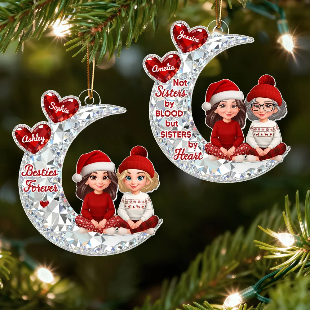 3D Crystal Effect Besties Sitting On Moon - Personalized Acrylic Ornament - Gift For Best Friends, Matching Ornaments For Group Of Besties