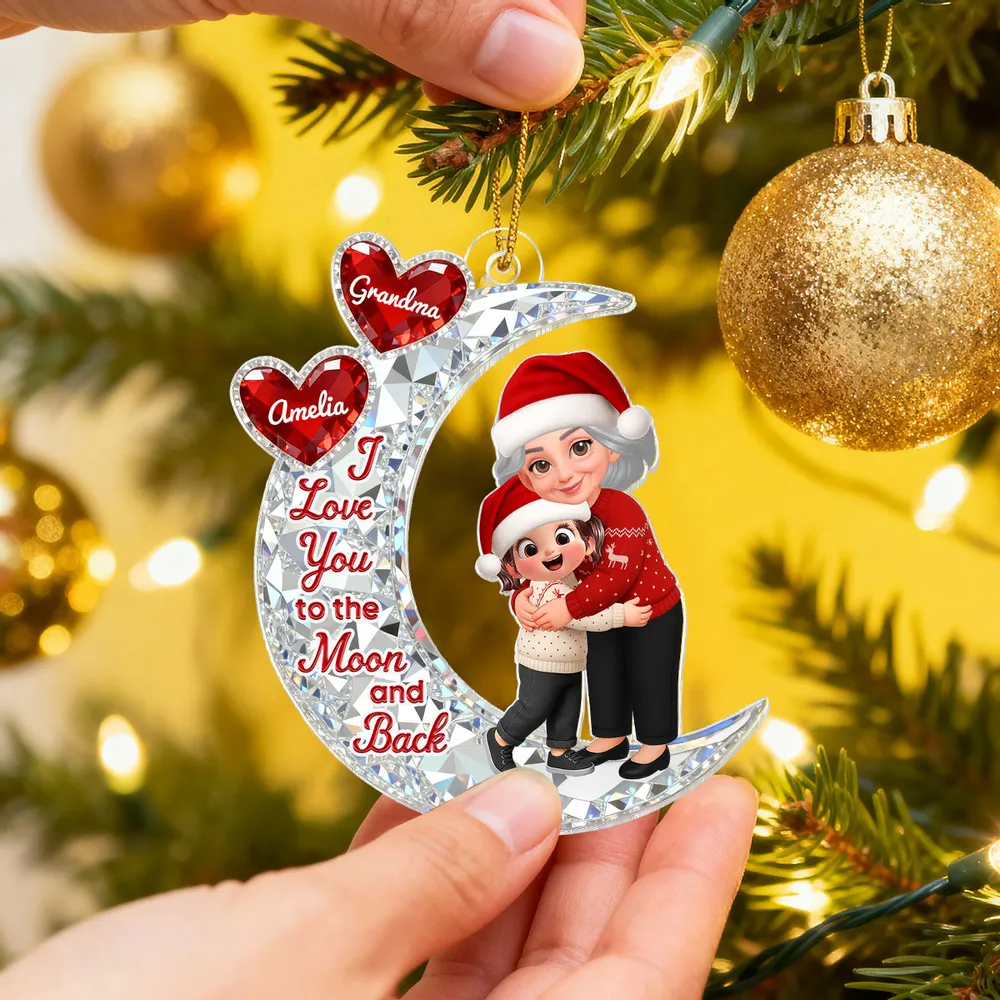 3D Crystal Effect Grandma Hugging Grandkid On Moon - Personalized Acrylic Ornament - Gift For Grandma, Grandkids