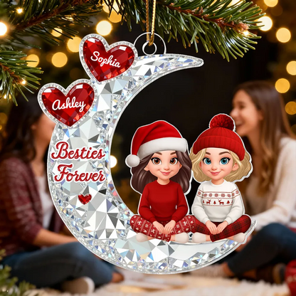 3D Crystal Effect Besties Sitting On Moon - Personalized Acrylic Ornament - Gift For Best Friends, Matching Ornaments For Group Of Besties