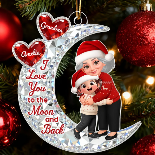 3D Crystal Effect Grandma Hugging Grandkid On Moon - Personalized Acrylic Ornament - Gift For Grandma, Grandkids