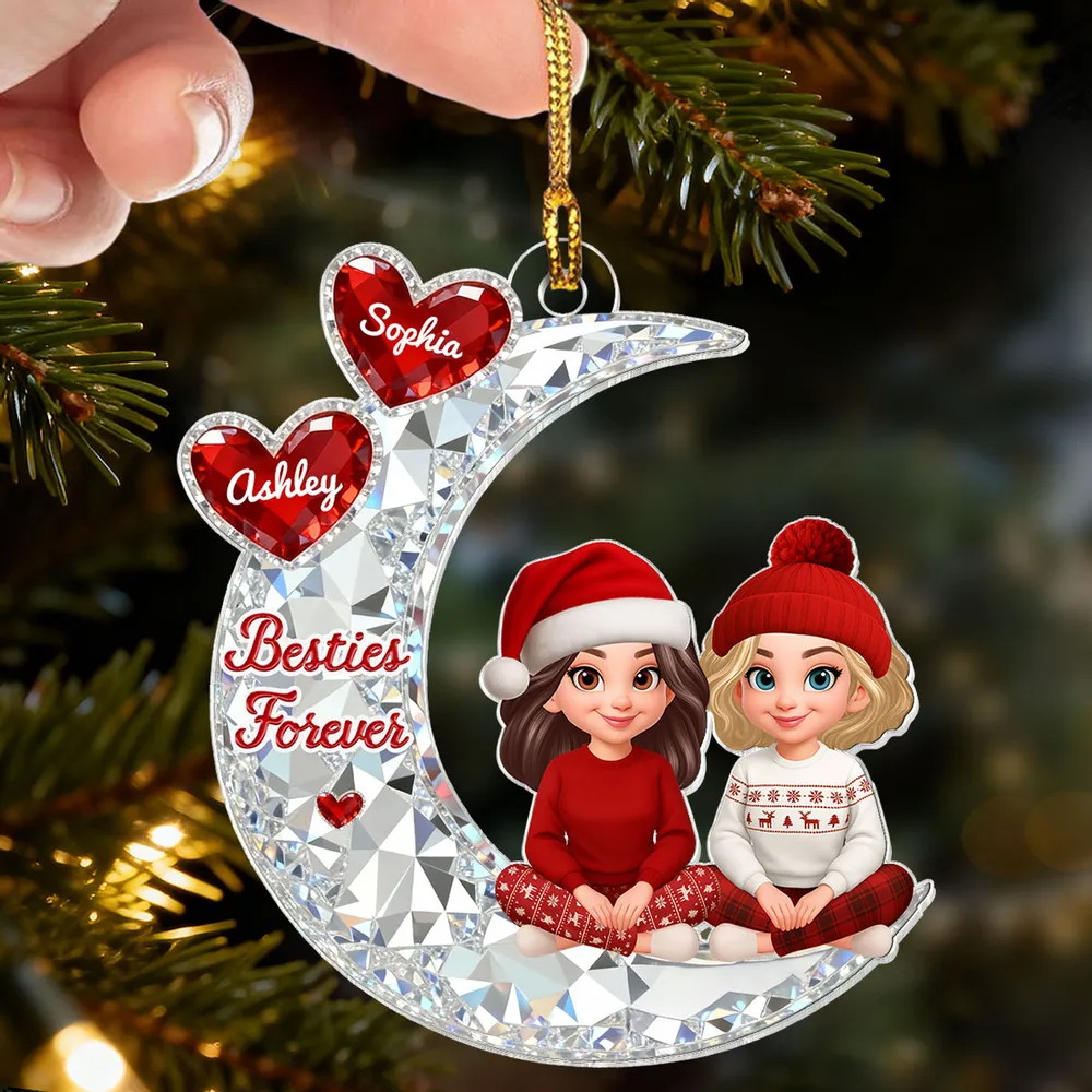 3D Crystal Effect Besties Sitting On Moon - Personalized Acrylic Ornament - Gift For Best Friends, Matching Ornaments For Group Of Besties