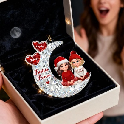 3D Crystal Effect Besties Sitting On Moon - Personalized Acrylic Ornament - Gift For Best Friends, Matching Ornaments For Group Of Besties