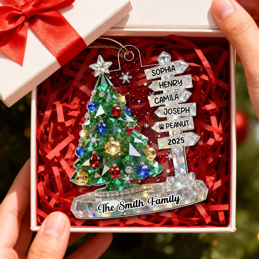 3D Crystal Effect Family Christmas Tree Sign Posts - Personalized Acrylic Ornament - Gift For Family