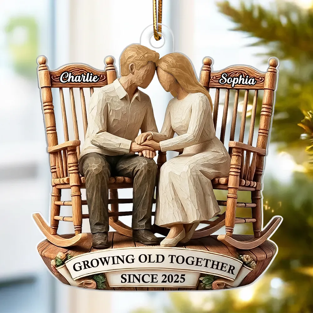 Couple Sitting On Rocking Chairs Faux Wood - Personalized Acrylic Ornament - Heartwarming Christmas Gift For Him, For Her, For Couple