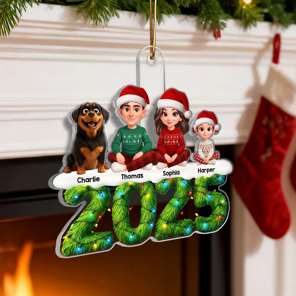 3D Effect Festive Christmas Green Pattern Beautiful Family Together - Personalized Acrylic Ornament