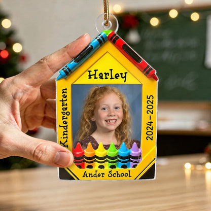 3D Effect Crayon Frame Custom Photo - Personalized Acrylic Ornament - PreK Kindergarten School Milestone Gift