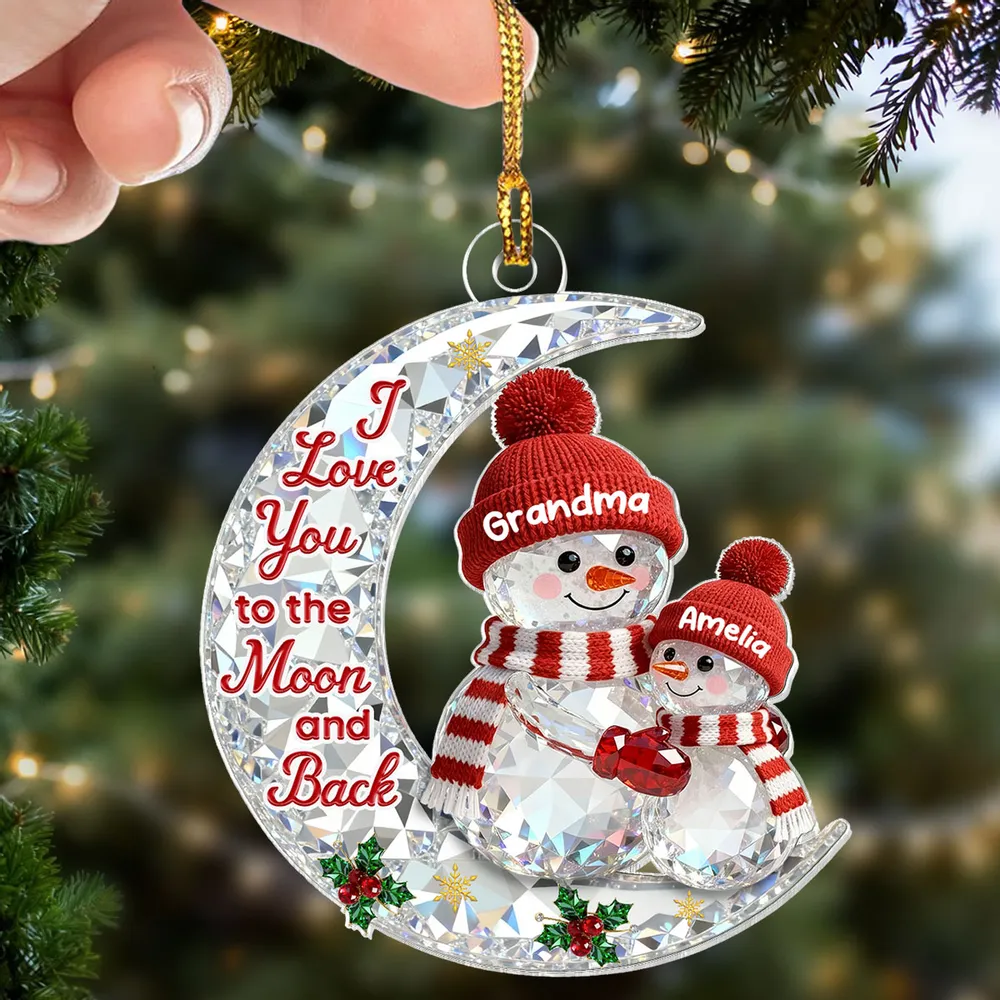 3D Effect Flat Snowman Grandma And Grandkid On Moon - Personalized Acrylic Ornament - Gift For Grandma, Grandkids