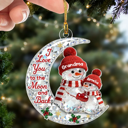 3D Effect Flat Snowman Grandma And Grandkid On Moon - Personalized Acrylic Ornament - Gift For Grandma, Grandkids