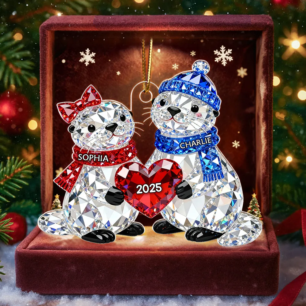 3D Crystal Effect Christmas Otter Couple - Personalized Acrylic Ornament
