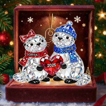 3D Crystal Effect Christmas Otter Couple - Personalized Acrylic Ornament