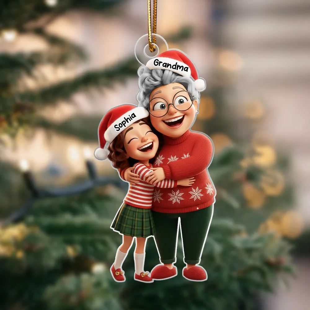 Happy Grandma Hugging Grandkid - Personalized Acrylic Ornament - Christmas Gift for Grandma, Grandkid