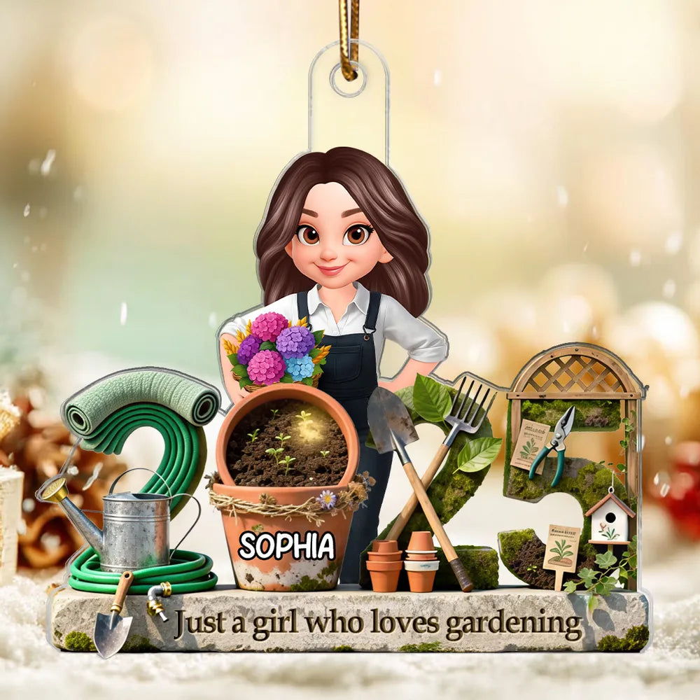 3D Effect Gardening Girl Woman Signature Symbols Christmas - Personalized Acrylic Ornament - Gift For Gardeners, Plant Lovers