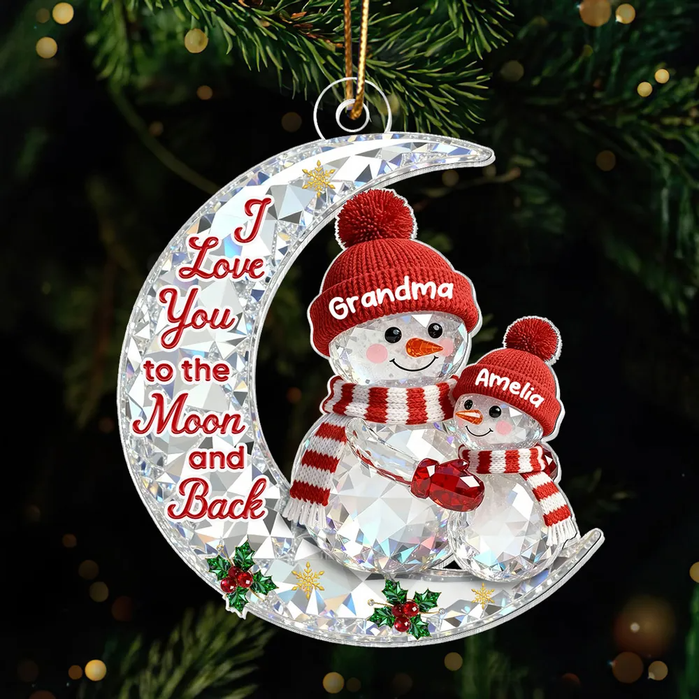 3D Effect Flat Snowman Grandma And Grandkid On Moon - Personalized Acrylic Ornament - Gift For Grandma, Grandkids