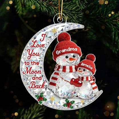 3D Effect Flat Snowman Grandma And Grandkid On Moon - Personalized Acrylic Ornament - Gift For Grandma, Grandkids