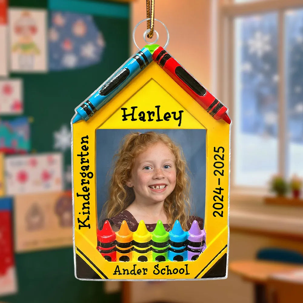 3D Effect Crayon Frame Custom Photo - Personalized Acrylic Ornament - PreK Kindergarten School Milestone Gift