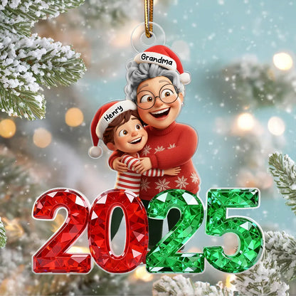 3D Glitter Crystal Happy Grandma Hugging Grandkid 2025 - Personalized Acrylic Ornament - Christmas Gift for Grandma, Grandkid