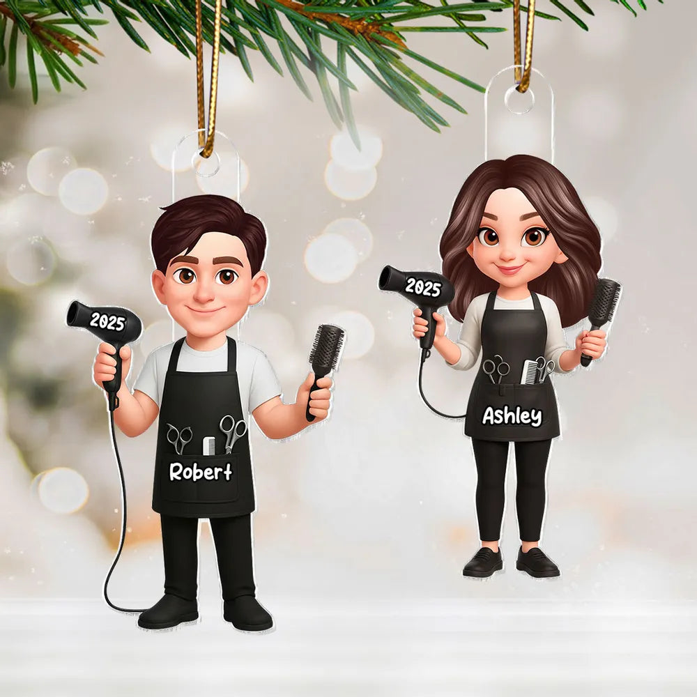 3D Effect Christmas Hairdresser Man Woman - Personalized Acrylic Ornament - Gift For Hairdressers