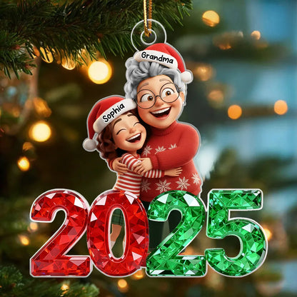 3D Glitter Crystal Happy Grandma Hugging Grandkid 2025 - Personalized Acrylic Ornament - Christmas Gift for Grandma, Grandkid