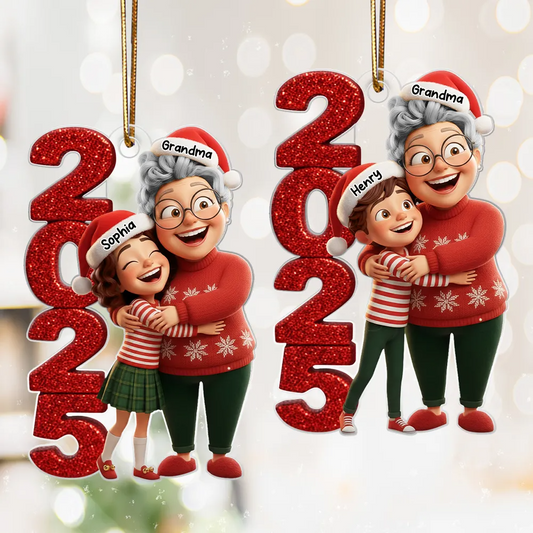 3D Glitter Effect Happy Grandma Hugging Grandkid 2025 - Personalized Acrylic Ornament - Christmas Gift for Grandma, Grandkid