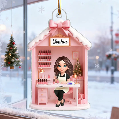 3D Effect Christmas Nail Technician In Salon - Personalized Acrylic Ornament - Gift For Nail Technician, Nails Decor, Beauty Salon, Woman, Girl