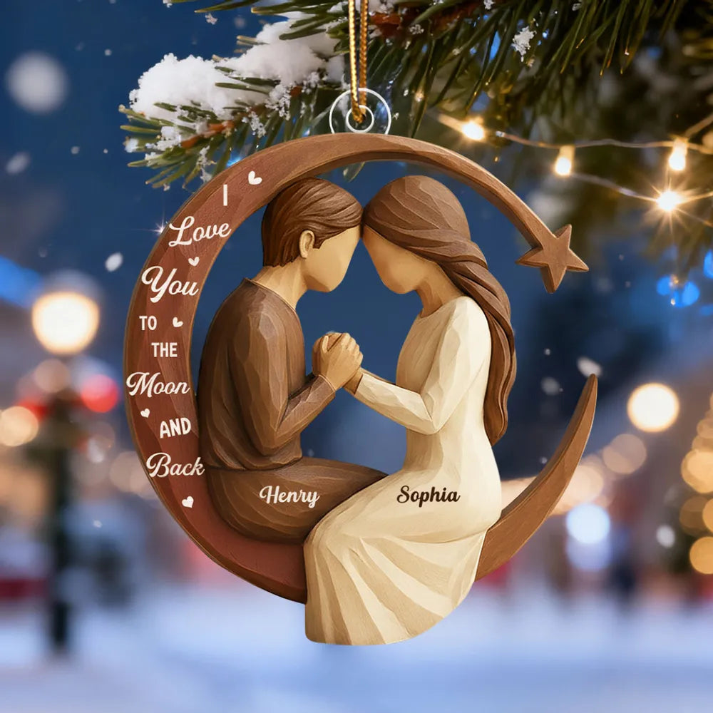 Couple Love to the Moon and Back 3D Wooden Effect - Personalized Acrylic Ornament - Christmas Gift for Couples