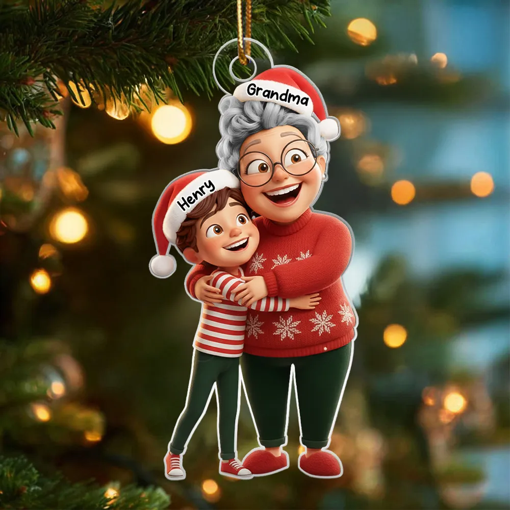 Happy Grandma Hugging Grandkid - Personalized Acrylic Ornament - Christmas Gift for Grandma, Grandkid