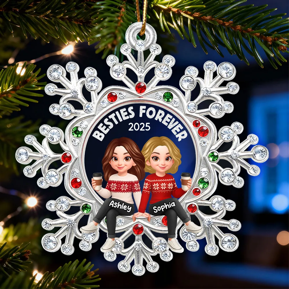 Besties Sitting on Snowflake - Personalized Acrylic Ornament - Christmas Gift for Besties