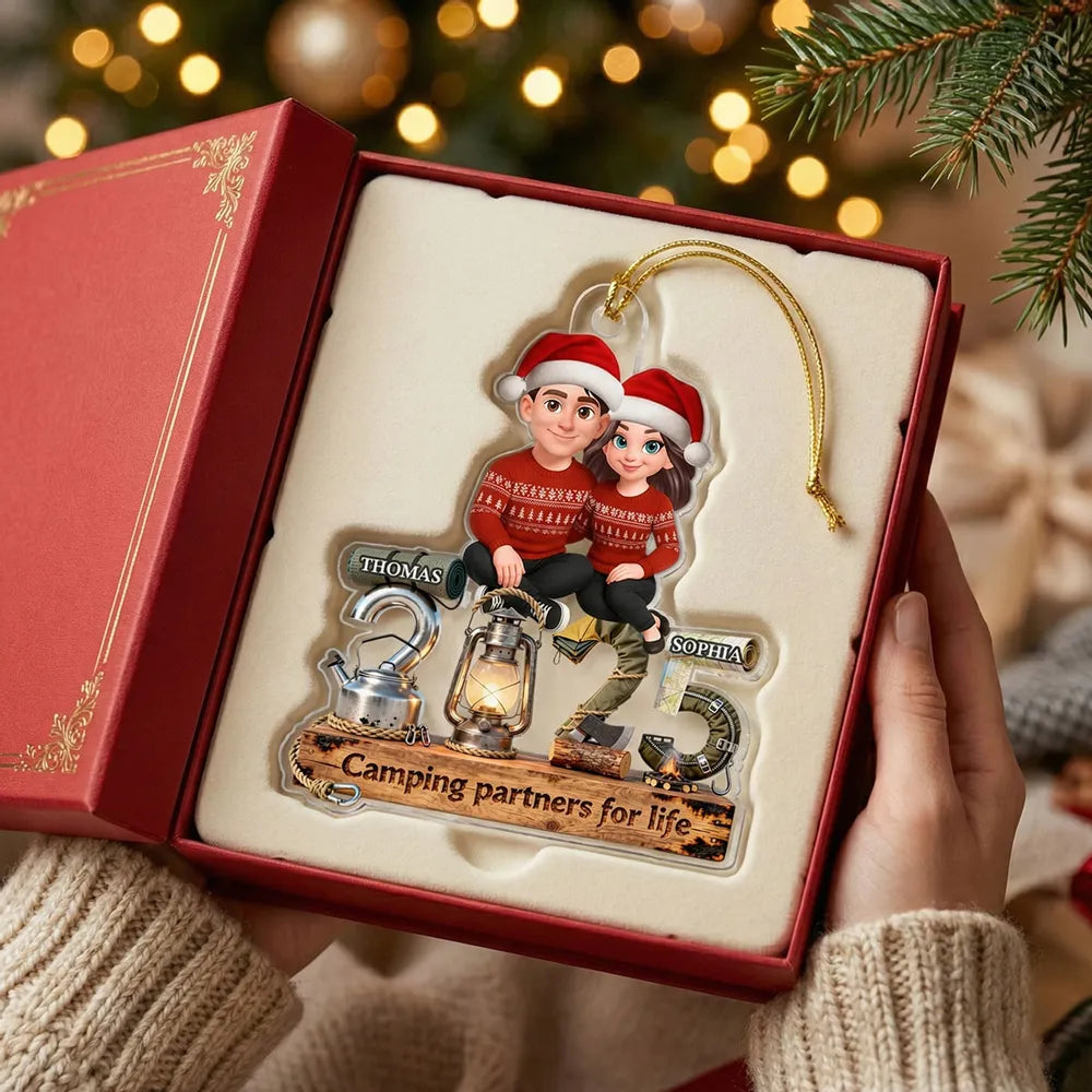 3D Effect Couple Camping Partners For Life Signature Symbols Christmas - Personalized Acrylic Ornament - Gift For Camping Couple, Gift For Him, For Her