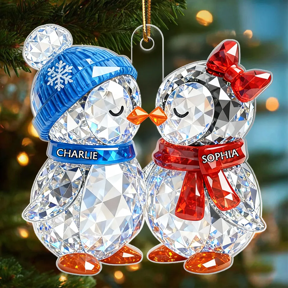 3D Crystal Effect Christmas Penguins Couple - Personalized Acrylic Ornament - Heartwarming Christmas Gift for Couple