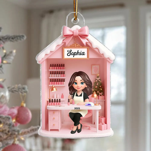 3D Effect Christmas Nail Technician In Salon - Personalized Acrylic Ornament - Gift For Nail Technician, Nails Decor, Beauty Salon, Woman, Girl