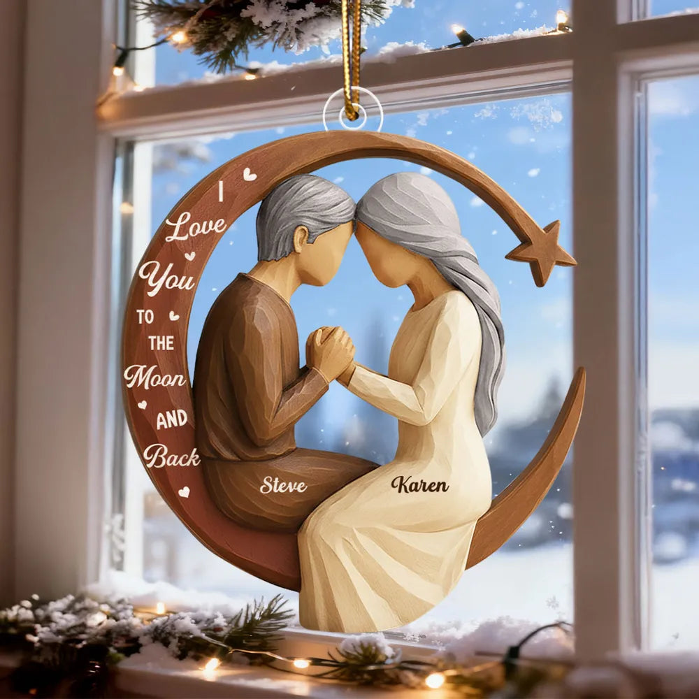 Couple Love to the Moon and Back 3D Wooden Effect - Personalized Acrylic Ornament - Christmas Gift for Couples